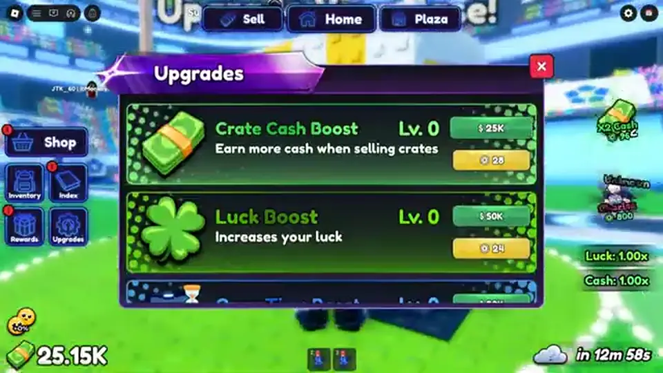 Upgrades panel showing Crate Cash Boost at 25,000 Cash